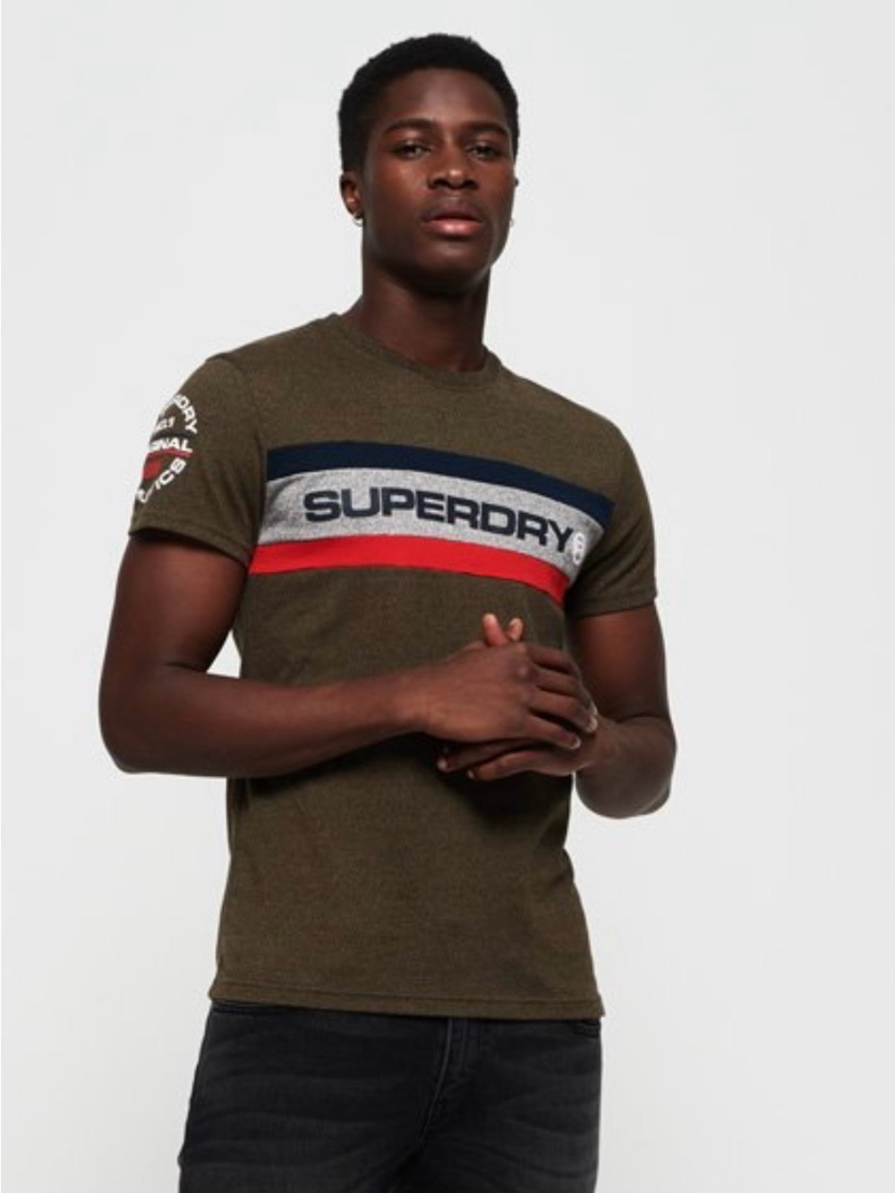 Superdry Olive Crewneck Tee with Navy, Gray and Red Stripes